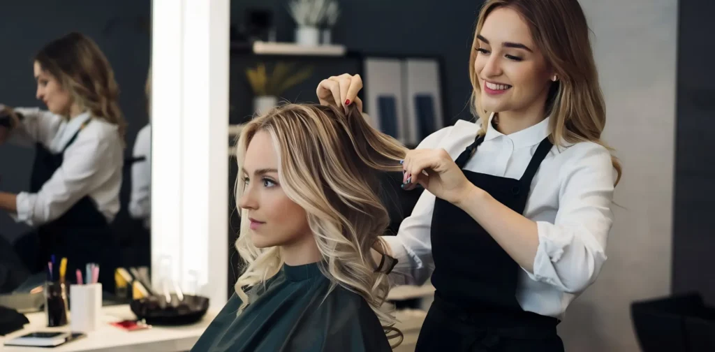 Female Hairdresser Making Hairstyle Blonde Woman Beauty Salon 1 1024x504