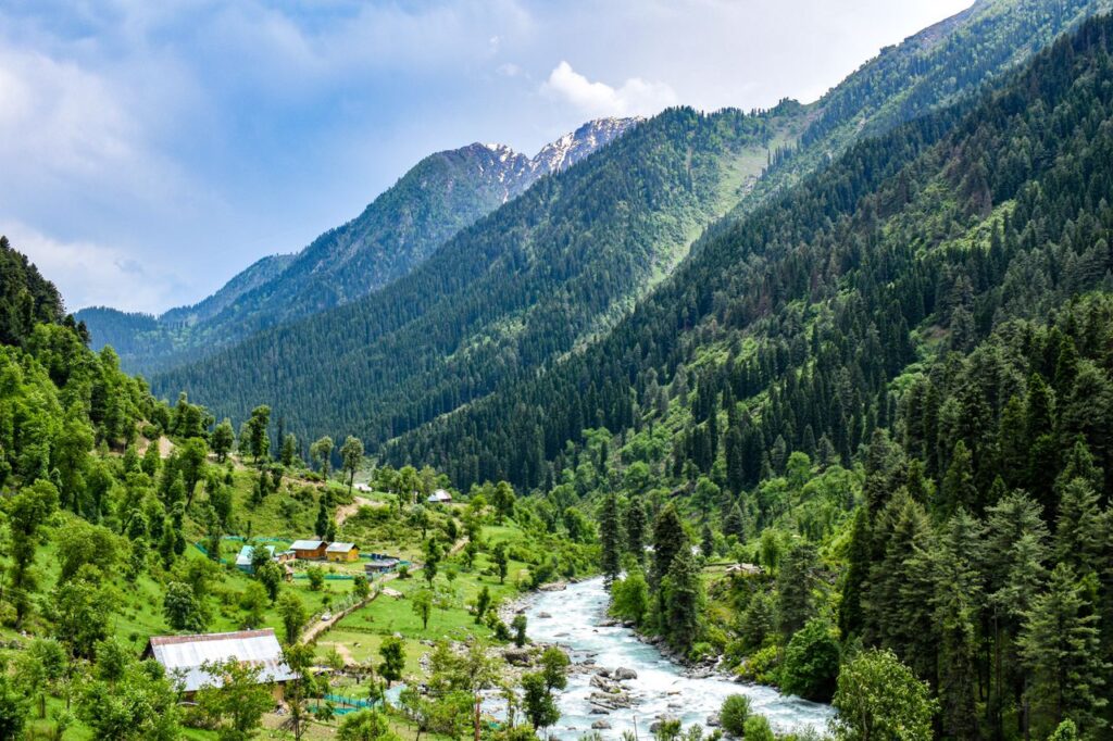 Serene landscape of lush green mountains and winding river in Kashmir, a nature lover's paradise.